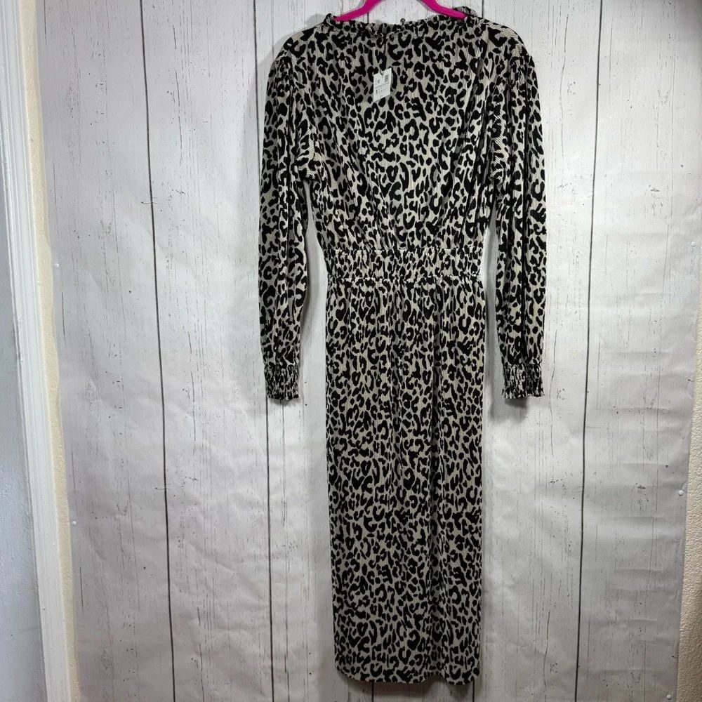 Zara Leopard Print Pleated Midi Dress NWT Animal Print Long Sleeve Mob Wife S